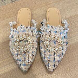 Tweed and Pearl Embellished Mules